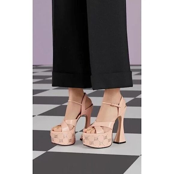 Gucci GG Embellished Pink Platform sandal Silver Interlocking G Studs 41 - Picture 8 of 9